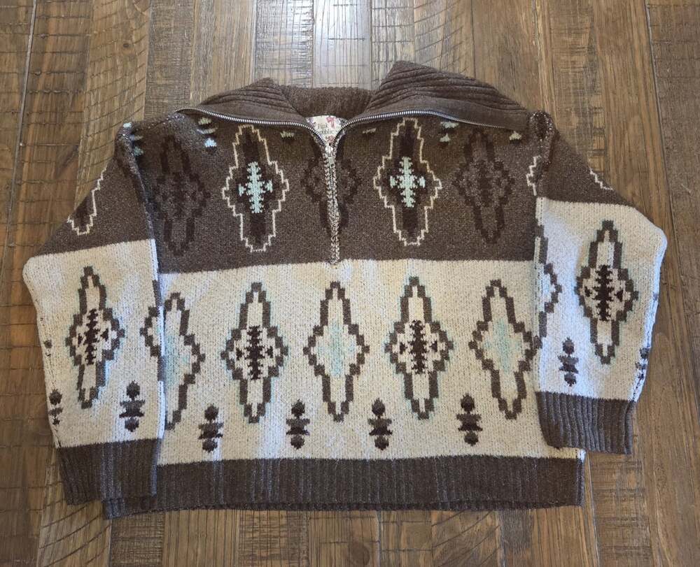 Pink Republic Southwestern Aztec Quarter Zip Sweater XL Boho Western
